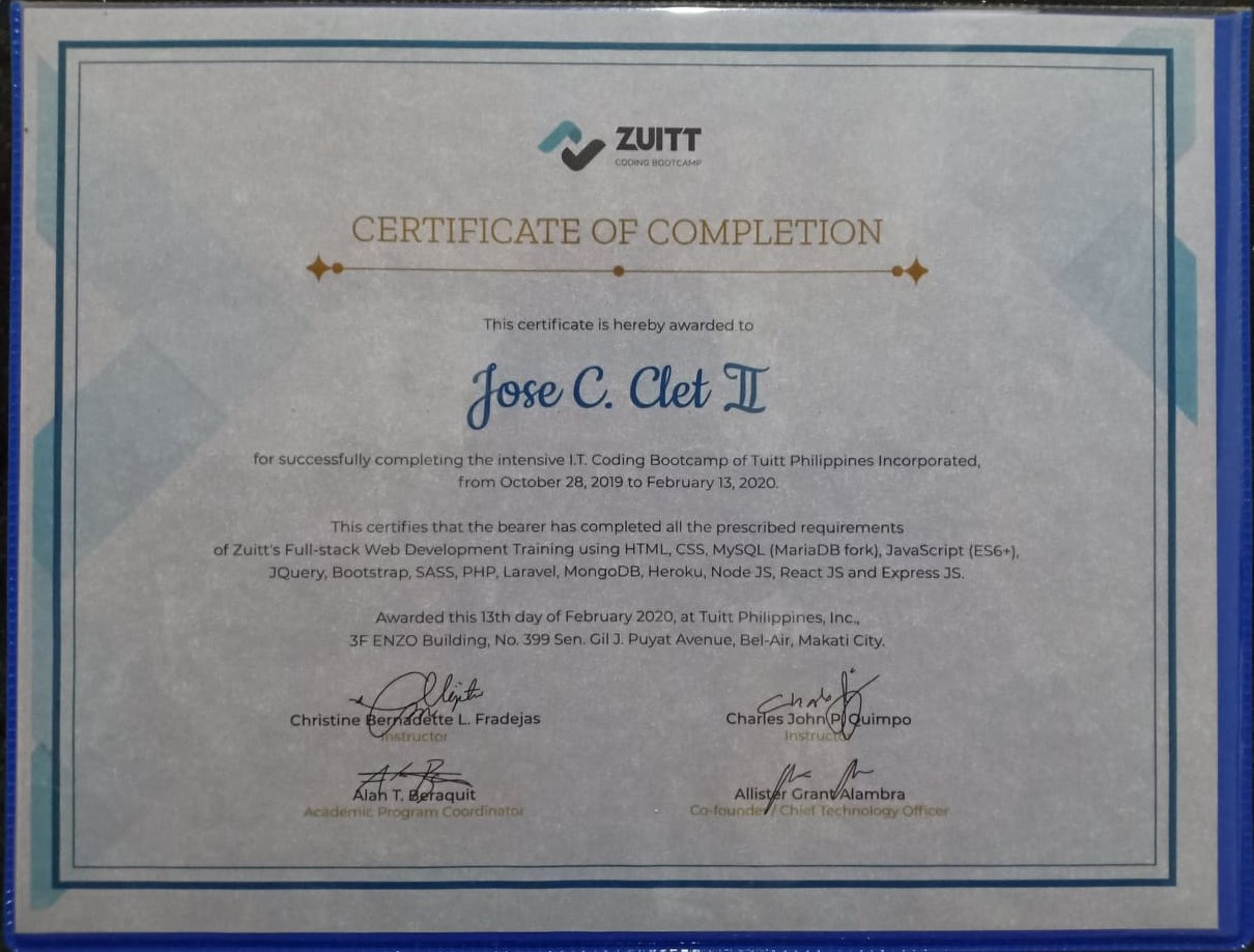 Zuitt Certificate of Completion